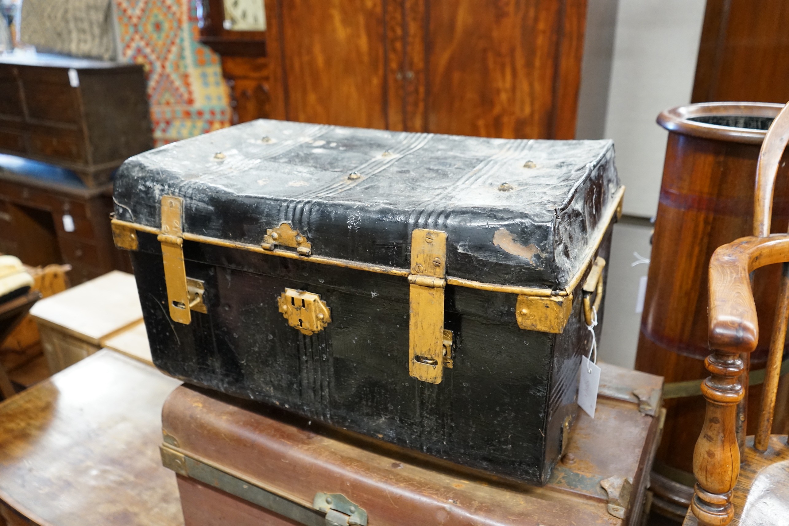 Two Victorian tin trunks, larger width 65cm, height 40cm